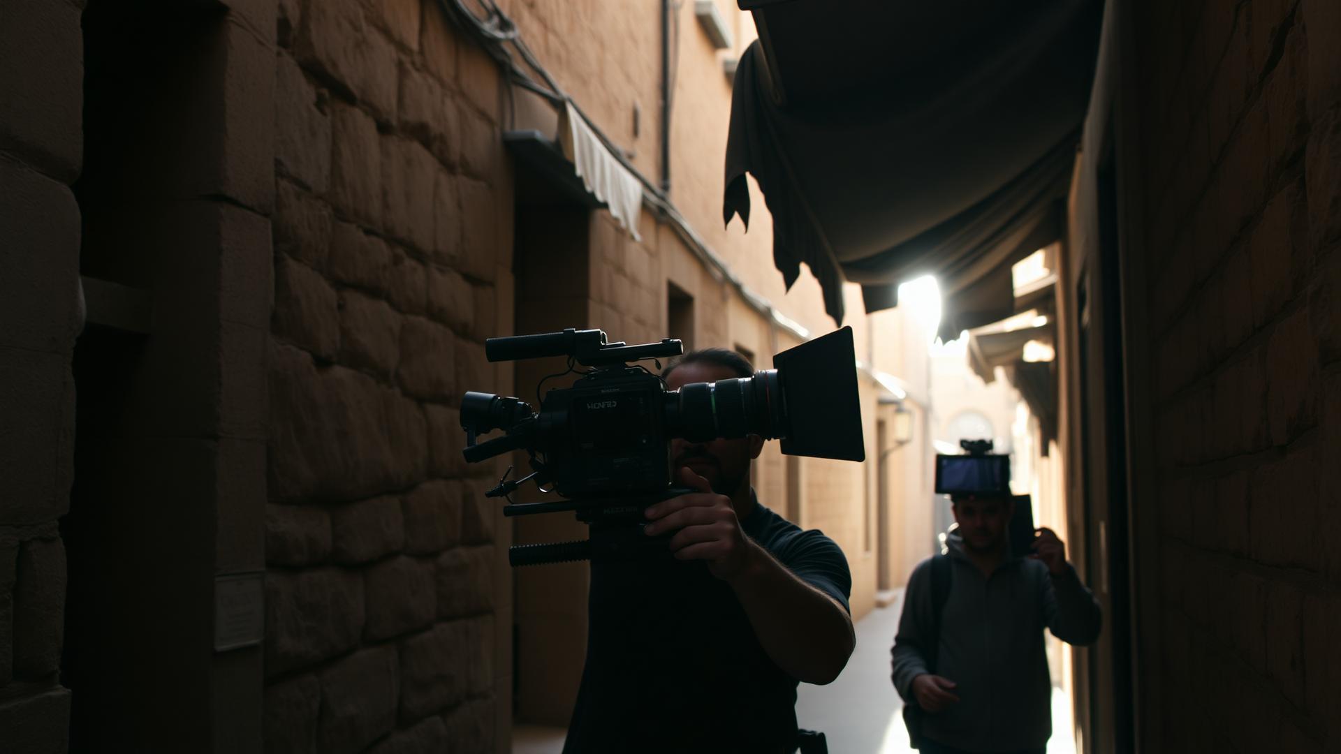 Cinematographer filming in a narrow old-city street on location abroad