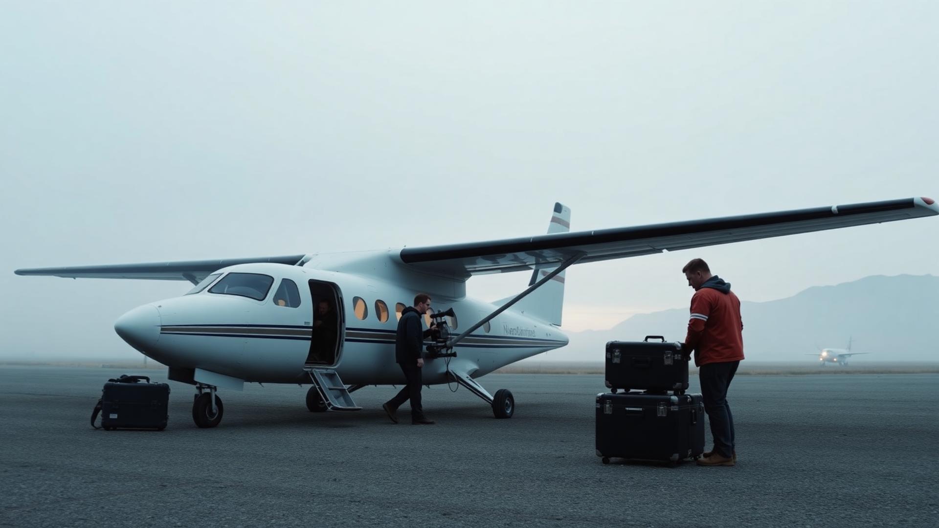 Production crew loading equipment cases beside a charter aircraft on a remote airstrip at dawn