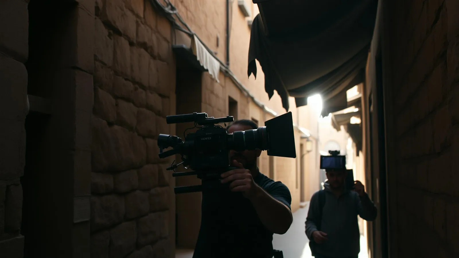 Cinematographer filming in a narrow old-city street on location abroad