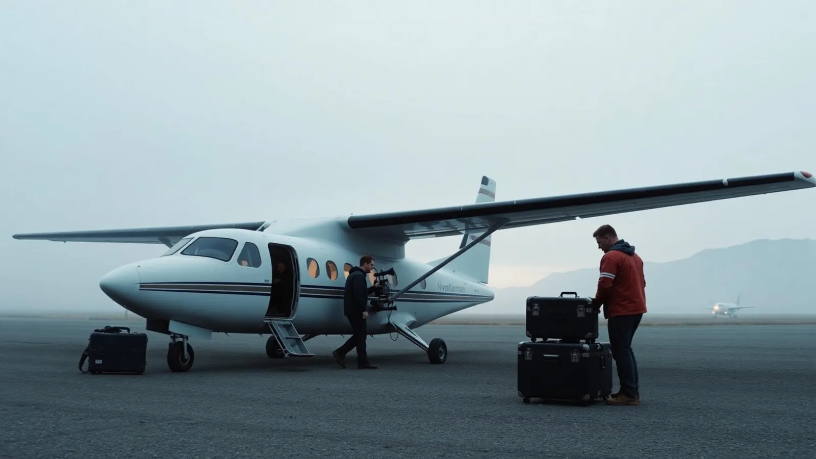 Production crew loading equipment cases beside a charter aircraft on a remote airstrip at dawn